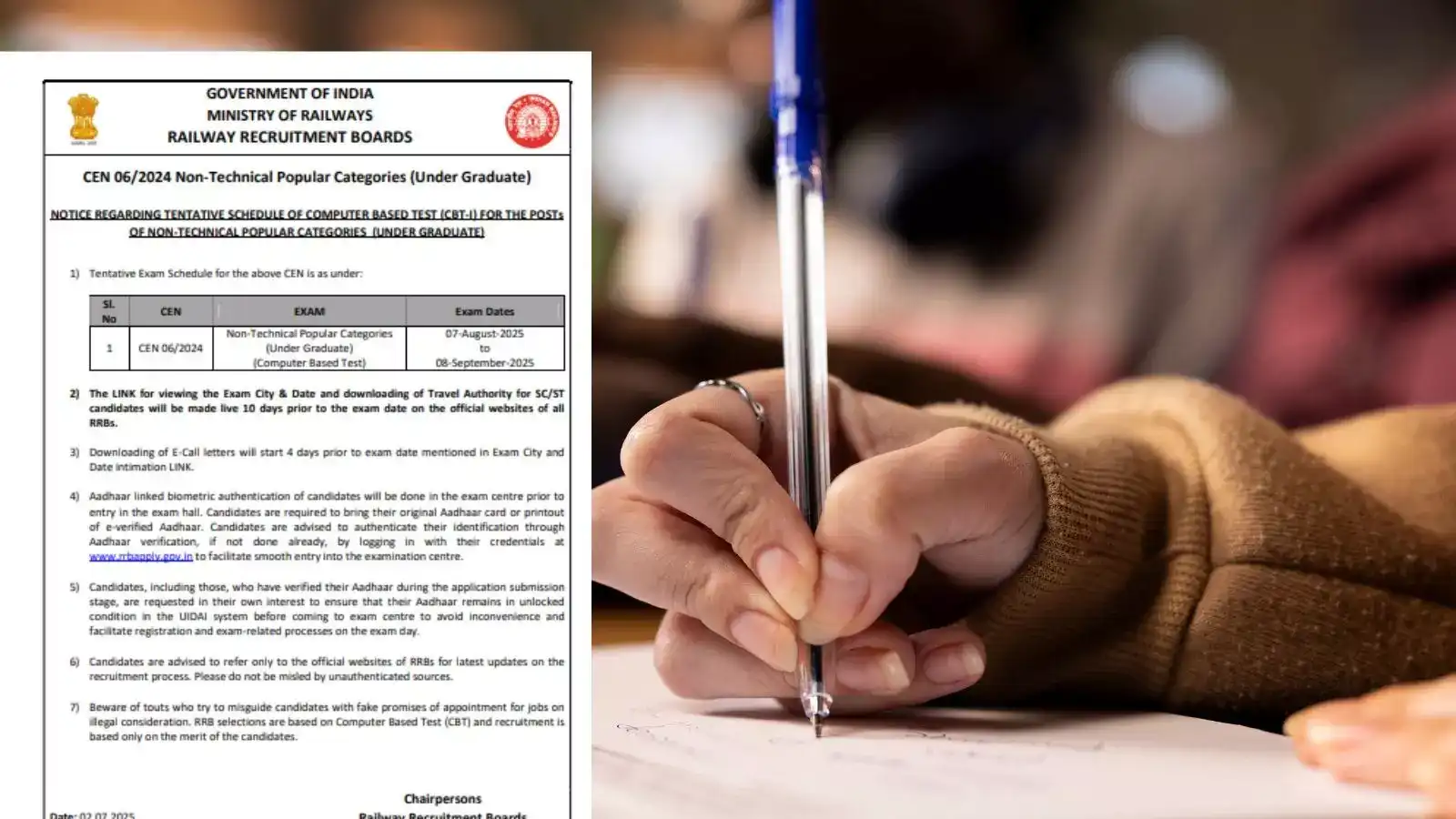 Railway RRB NTPC 10+2 Inter Level Exam Date 2025